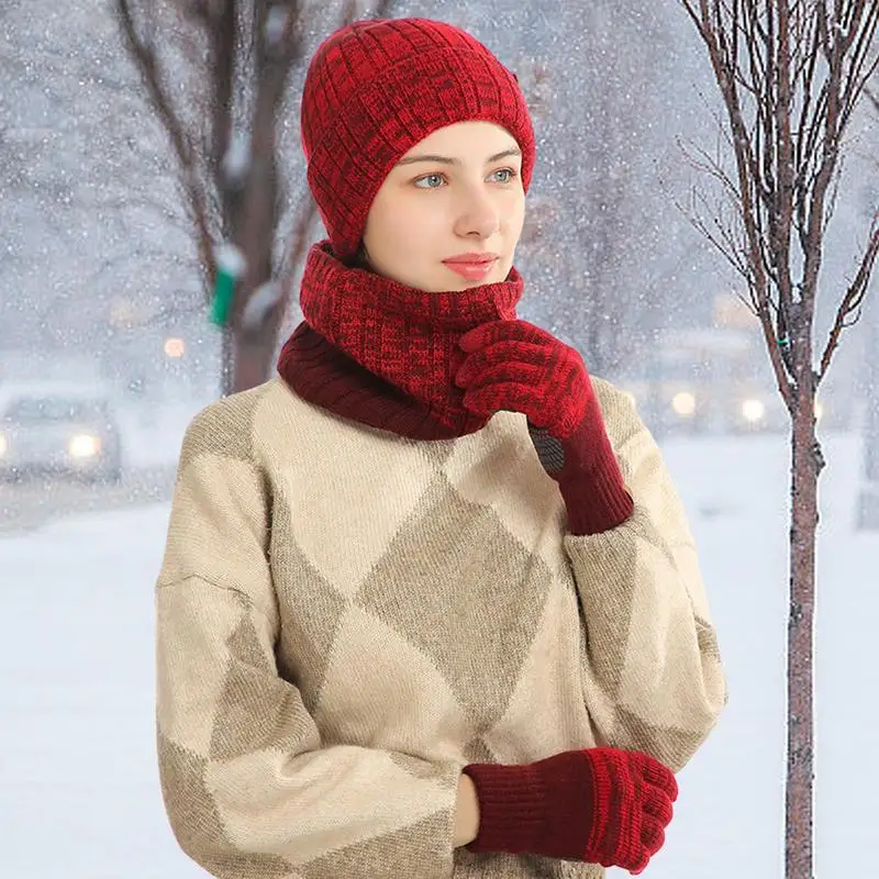 Winter 3-in-1 Schal Mütze Handschuhe Set Halswärmer Strickschal Beanie Mütze und Handschuhe Set Warm Weich 3-teiliges Mütze Schal Handschuhe Set