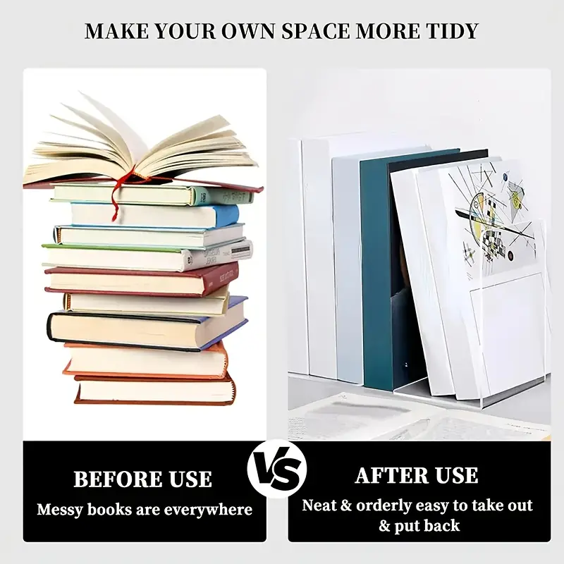 8 Pieces Bookends,Clear Bookends for Shelves,Heavy Duty Book Ends andDesktop Organizer,Book Stopper for Books/Movies/CD