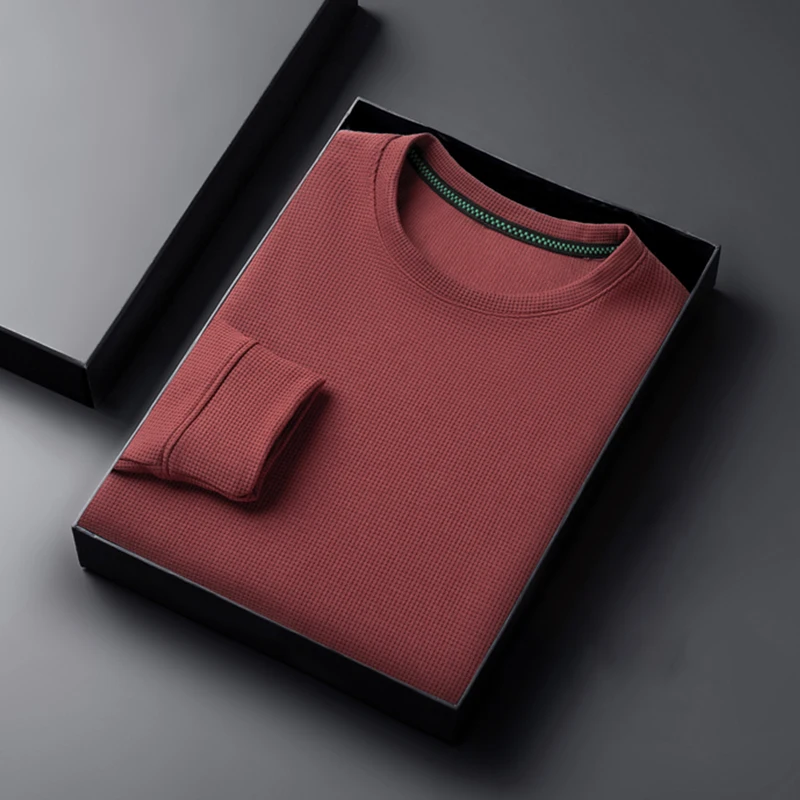 2024 เสื้อยืดคอกลมแขนยาวแฟชั่นลําลองสําหรับบุรุษวาฟเฟิลสบายด้านบน