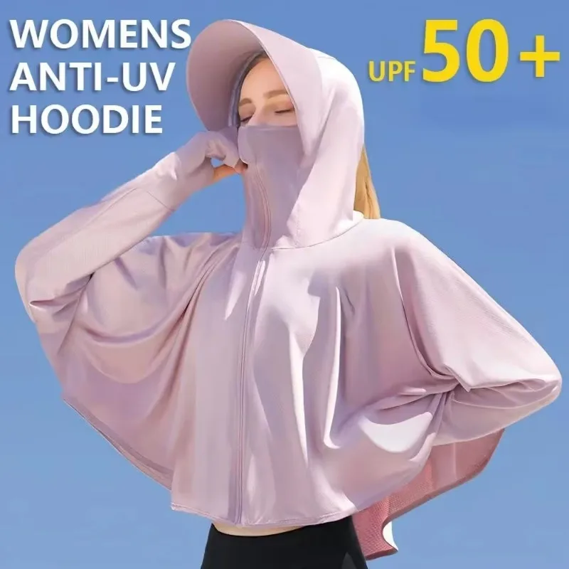 UPF 50+ Sudadera con capucha de protección solar para mujer, Color sólido, seda fina de hielo, protección UV de verano, chaqueta de manga larga, camisa transpirable, ropa