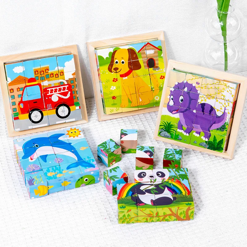 Kleuterschool Educatief Speelgoed Ambachten Cartoon Zeszijdige Houten Puzzelblokken Set Bijpassende Dieren Blokken Vroeg Onderwijs