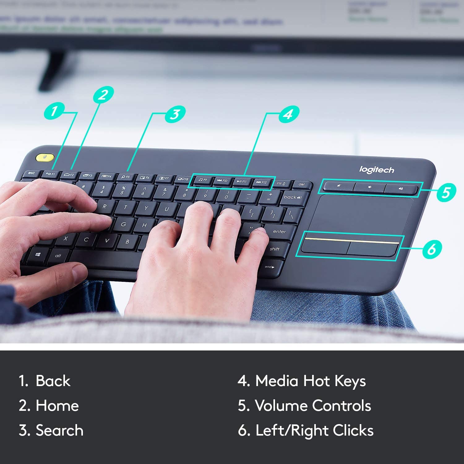 Logitech K400 Plus Keyboard Ruang Keluarga Nirkabel dengan Touchpad untuk Home Theater PC Terhubung Ke TV, Tombol Multi-media Yang Dapat Disesuaikan