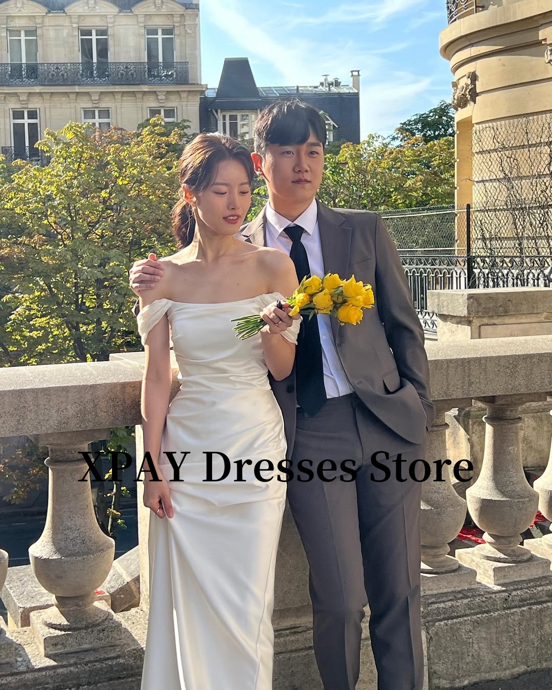 XPAY Abiti eleganti per ricevute di nozze con spalle scoperte Servizio fotografico coreano Abiti da sposa in raso di seta con corsetto sul retro Semplice personalizzato