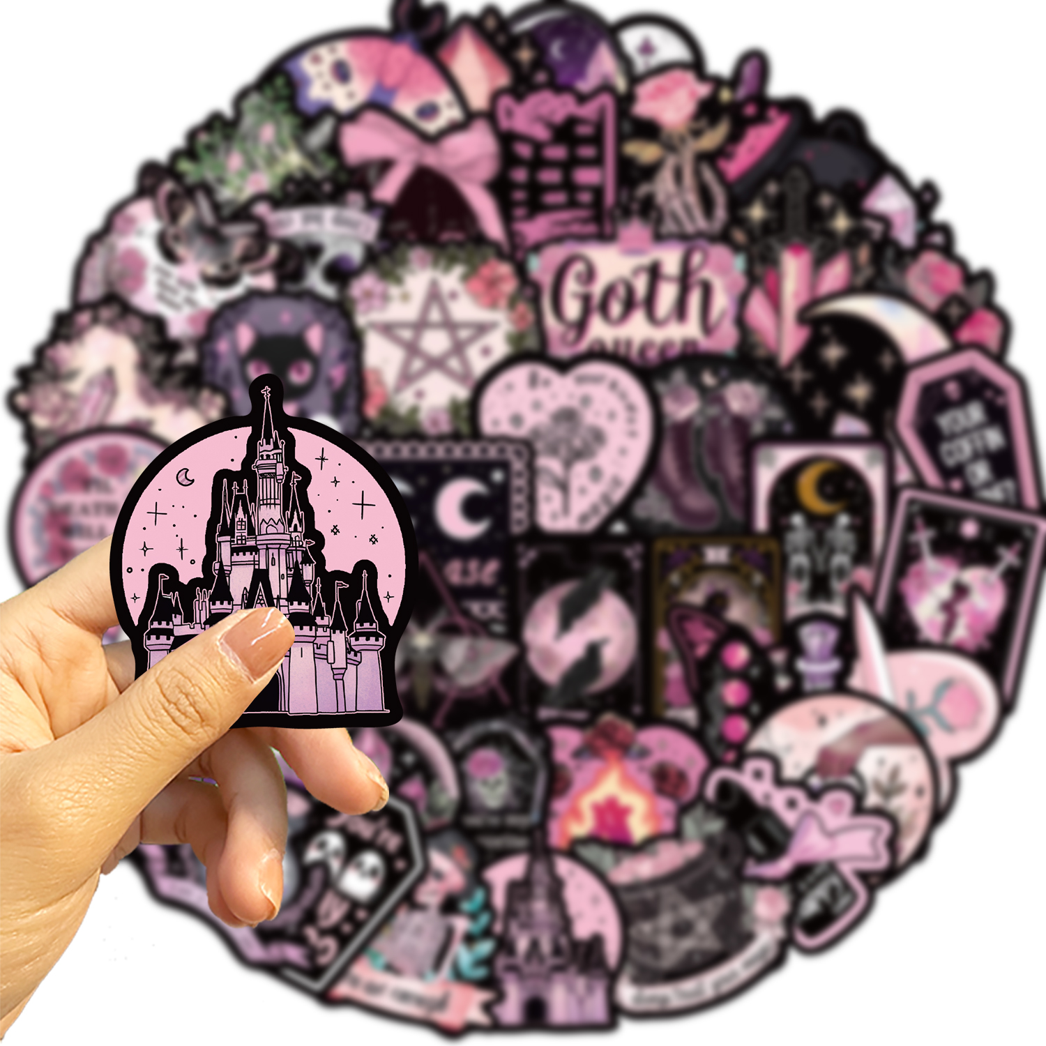 50 Uds. De pegatinas de grafiti de calavera gótica rosa fresco, pegatinas góticas de PVC impermeables para equipaje y álbum de recortes DIY
