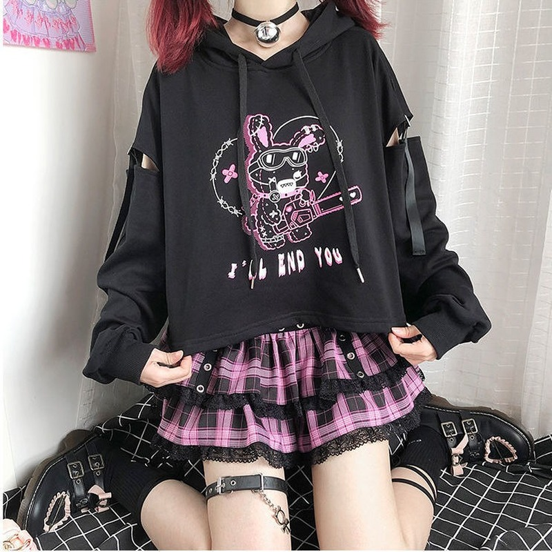 Primavera otoño nuevas sudaderas con capucha Punk gótico Patchwork ahueca hacia fuera Y2k ropa estampado de dibujos animados Casual suelta estilo Preppy sudaderas cortas
