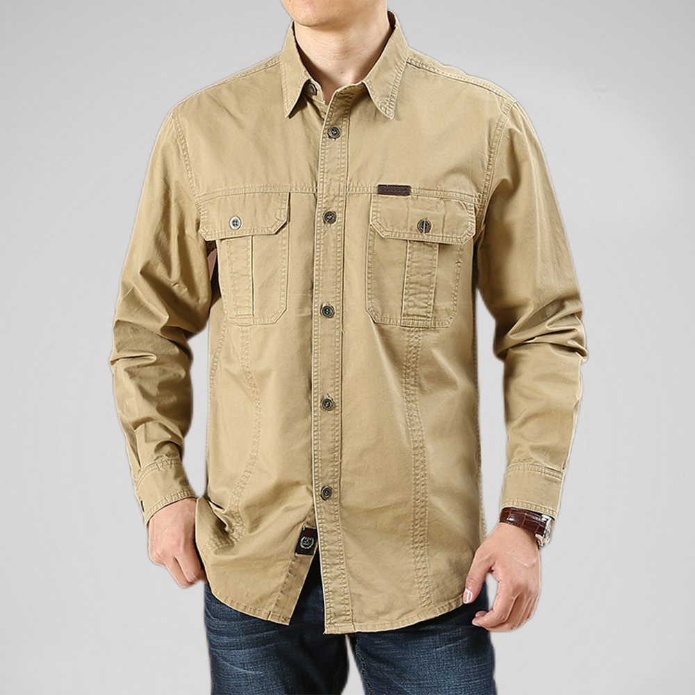 Camisa 100% de algodón para hombre, camisas Cargo de alta calidad con múltiples bolsillos de Color sólido, camisas informales de manga larga a la moda para exteriores, novedad