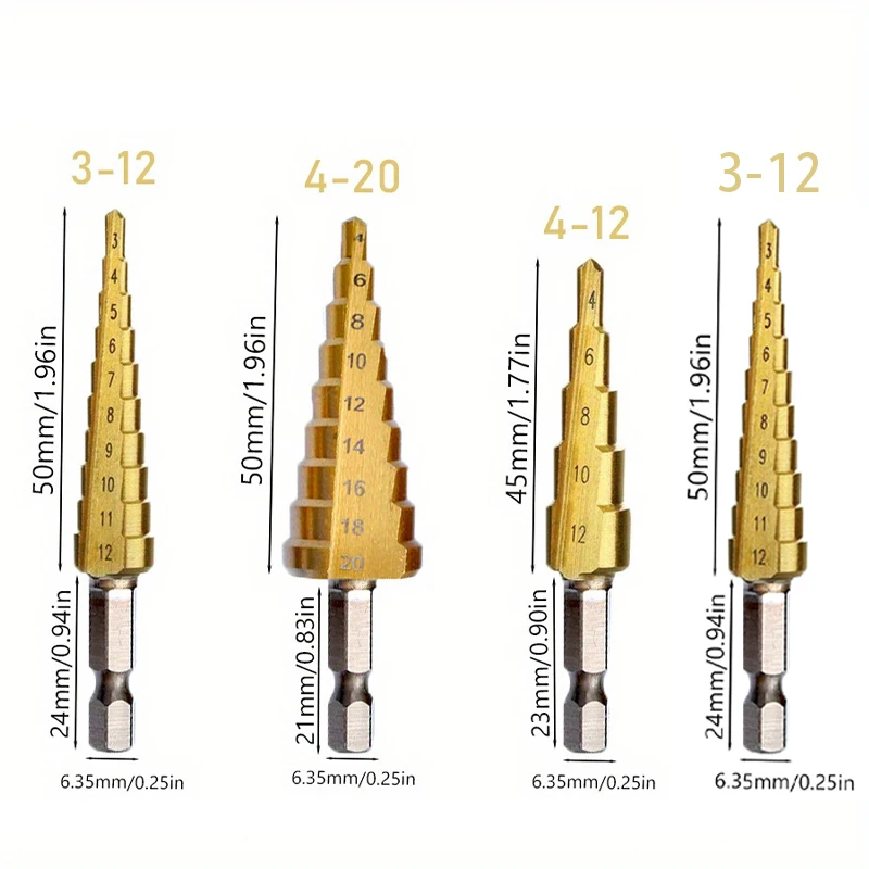 3pcs Step Drill Set Metal Woodworking Reamer Step Drill Bit Titanium Coated Wood Metal Hole Cutter Core Cone Drilling Tools Set