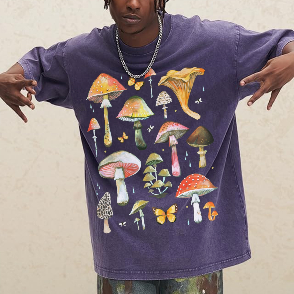 ラウンドネックTシャツ,レトロ,ウォッシュド,高品質,純綿,マッシュルームプリント,半袖,新しい夏のファッション
