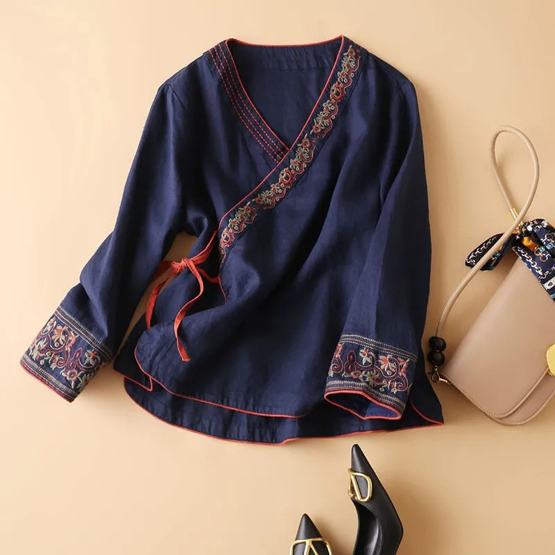 Chinesische Baumwolle und Hanf Stickerei Top frauen Sommer Neue Orientalischen Hanfu Lose und Bequeme Top Chinesische Hemd Chinesische Kleidung