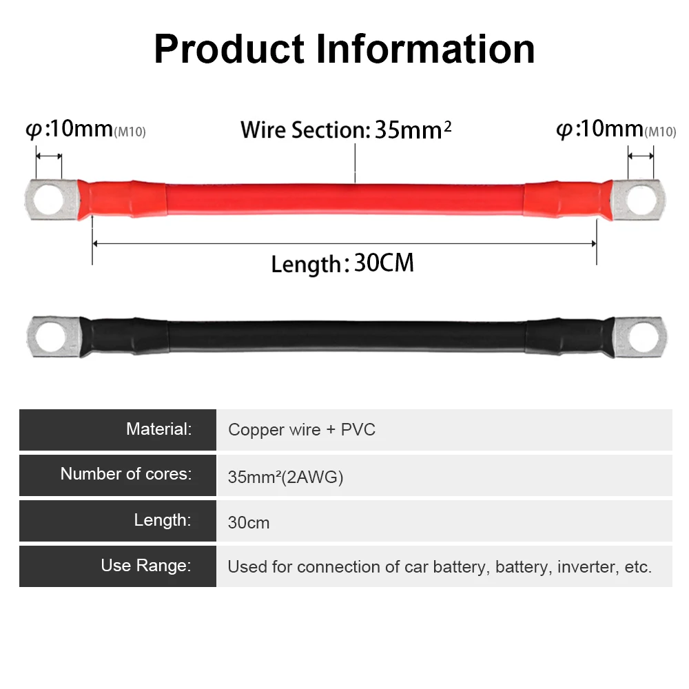 2AWG 30CM Battery Inverter Cable Set With Terminals Stranded Copper Cord Solar Power Connection Wire With Lugs