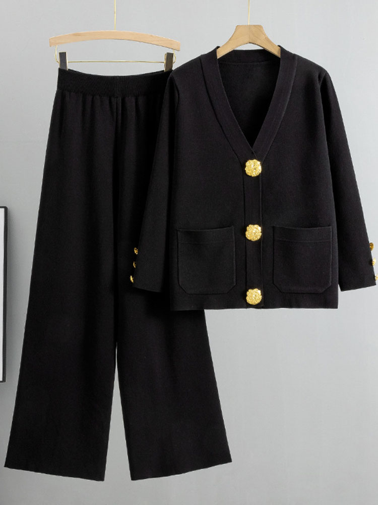 Conjunto de 2 piezas de suéter de punto elegante para mujer, cárdigan holgado con una botonadura, Tops, conjuntos de cintura alta hasta el tobillo, pantalones, chándal