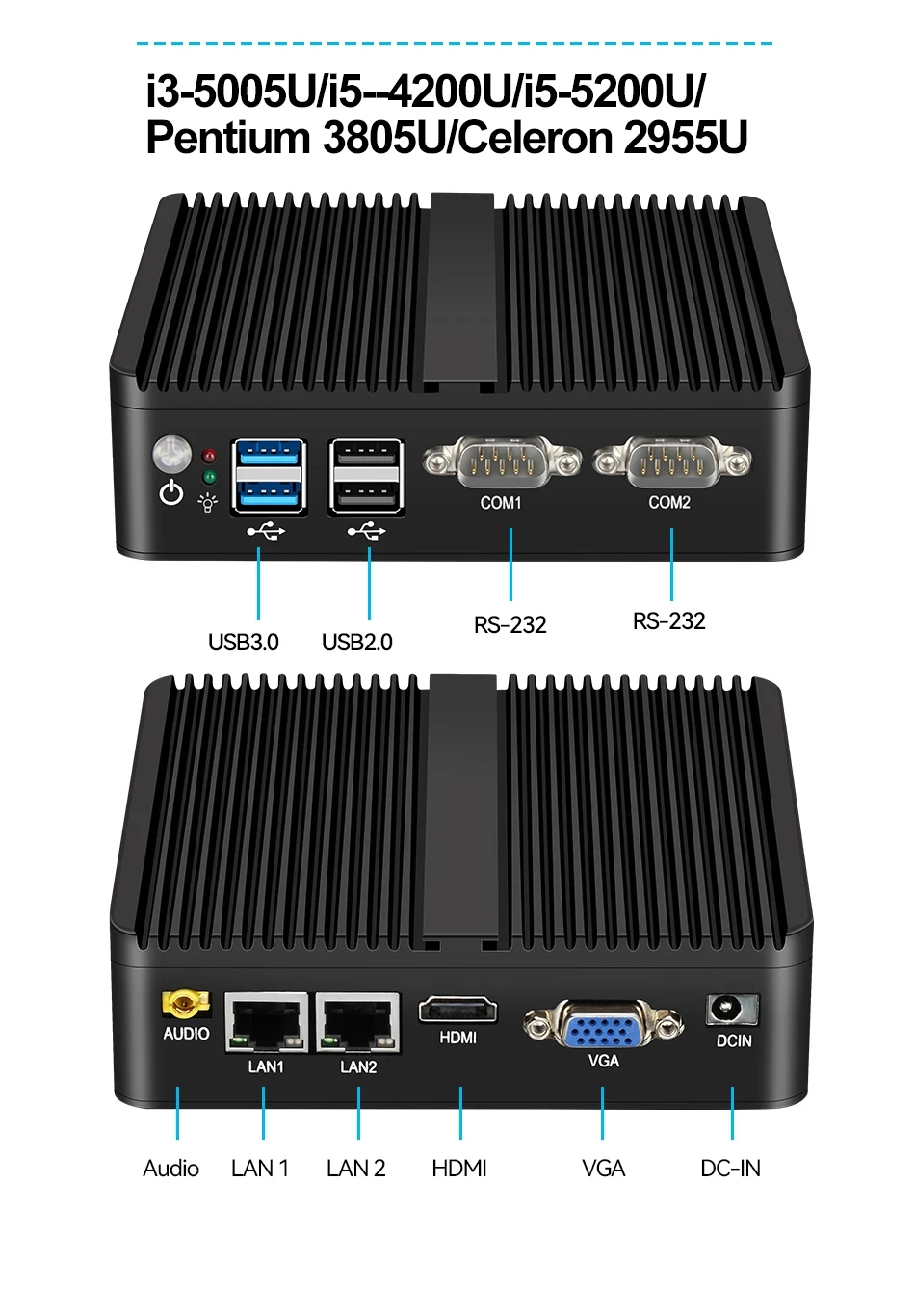 Fanless Mini PC Intel Celeron J6412 2xGigabit Ethernet 2x RS232/RS485 HDMI VGA Mini PCIE WiFi/4G 6x USB Support Windows Linux