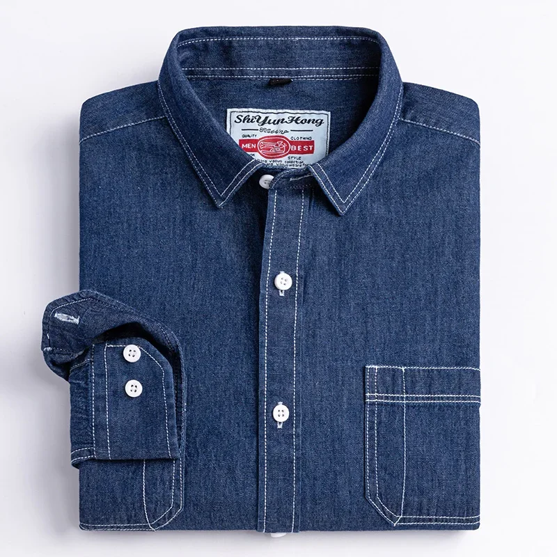 2023 Camisa vaquera con diseño de bolsillo, ropa cómoda bordada clásica de manga larga 100% algodón a la moda