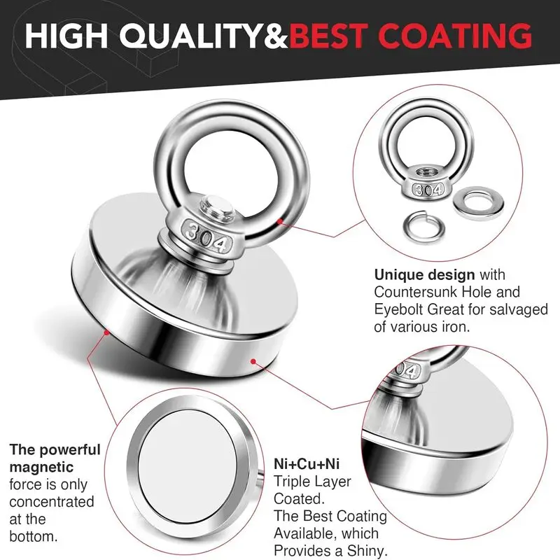 Ganci magnetici da pesca al neodimio super resistenti Magnete resistente N52 con fori svasati Magneti per ricerca di salvataggio con bullone ad occhiello