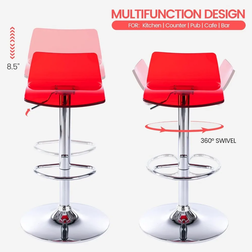 Acrylic Bar Stools Set of 2, Transparent Swivel Adjustable Airlift Barstools with Low Back, Counter
