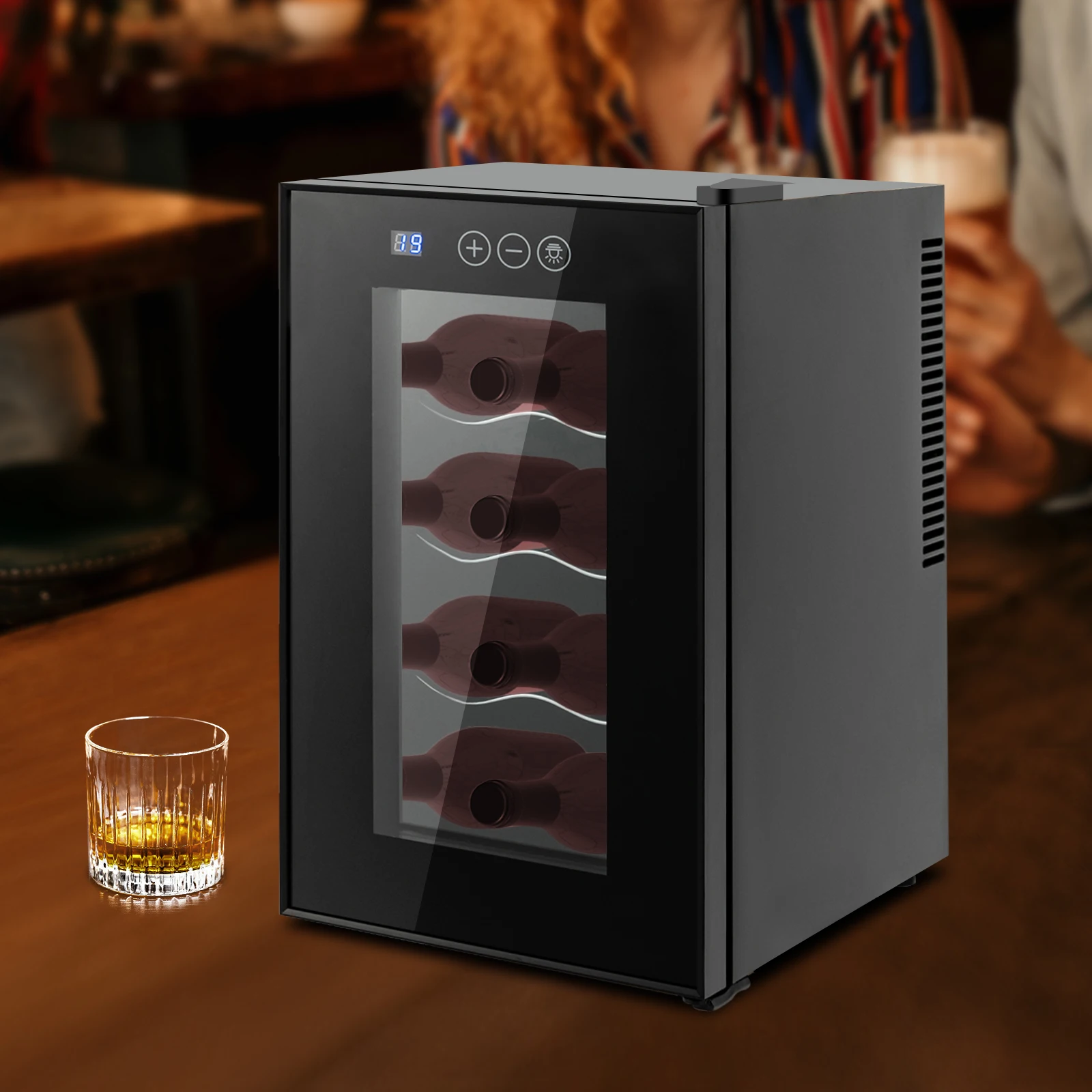 23L 8 Flaschen Weinkühlschrank Aufbewahrungsschrank Schwarz Halbleiterkühler 8-18 ° C Intelligente Temperaturregelung LED-Anzeige