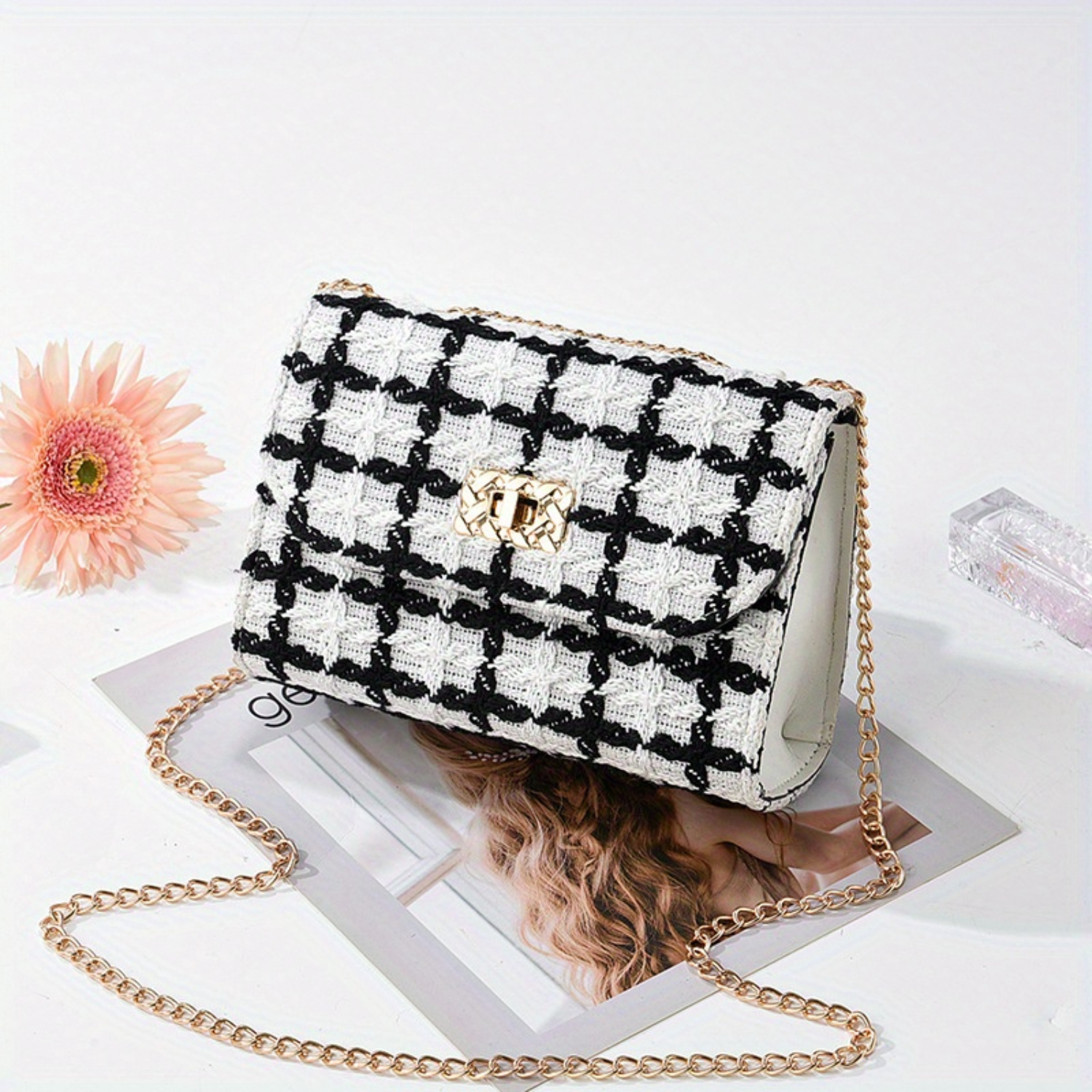 Bolso bandolera a cuadros de tweed para mujer con correa de cadena y cierre de solapa