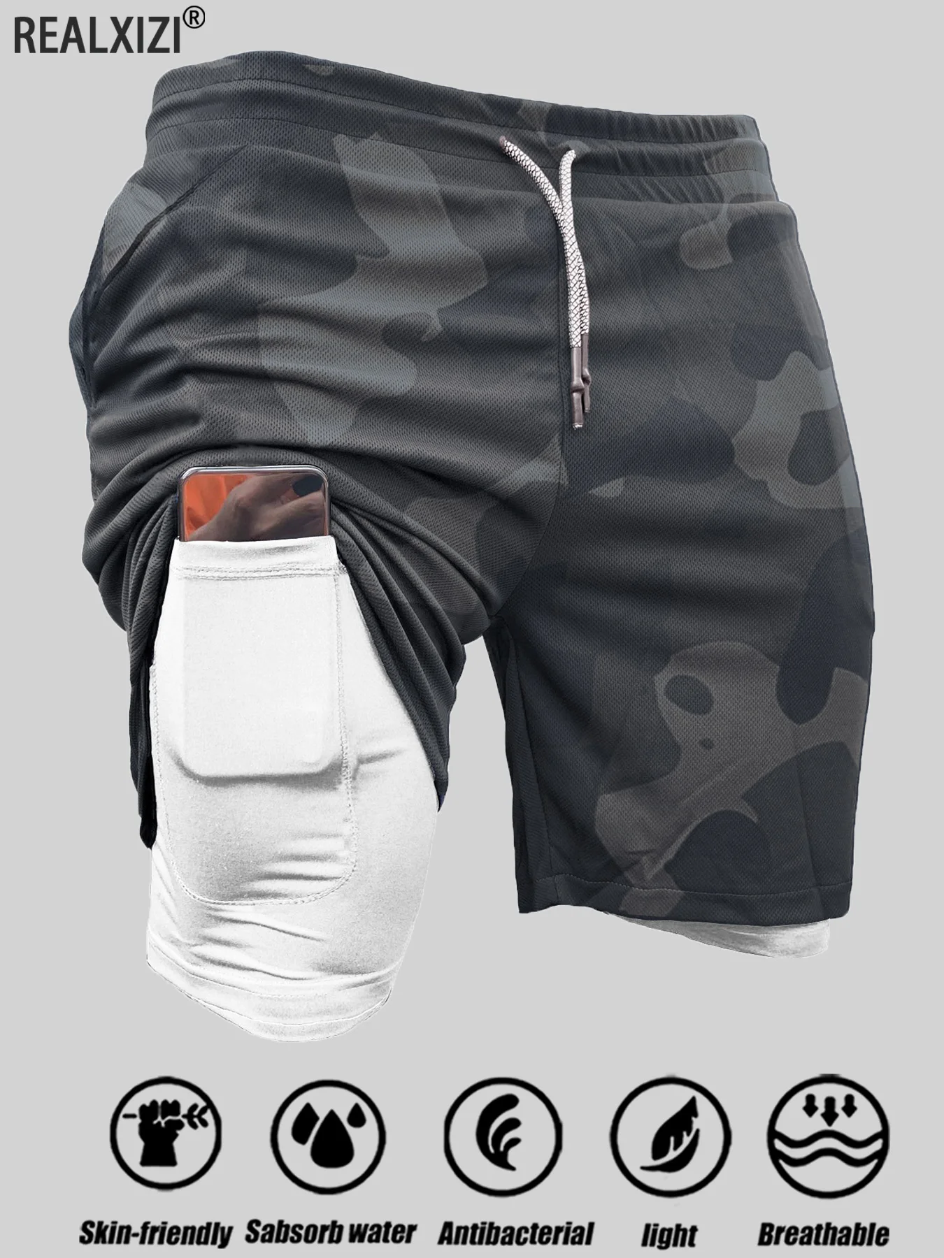Calções esportivos masculinos camada dupla 2 em 1 secagem rápida respirável shorts casuais treinamento de verão correndo calças curtas esportivas