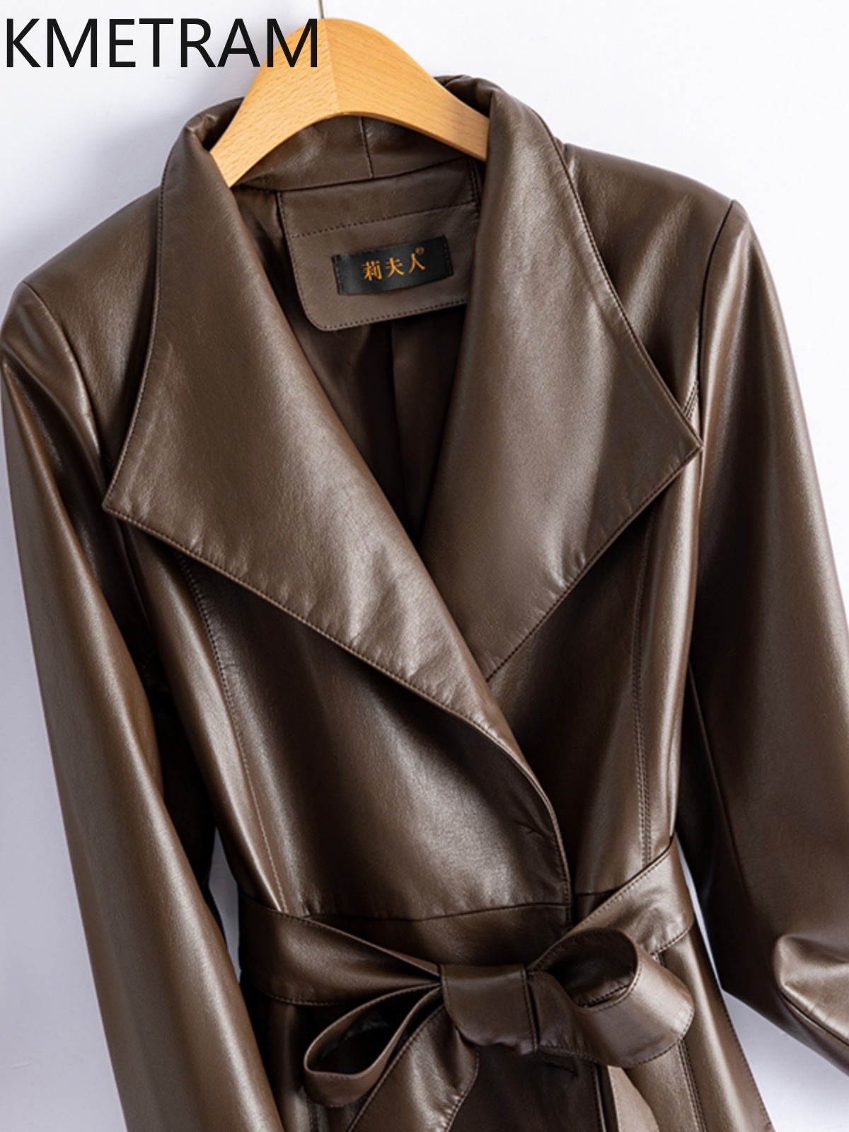 Kmetram-女性用シープスキンレザージャケット,ミッドロングコート,韓国ファッション,秋,2024, 2021