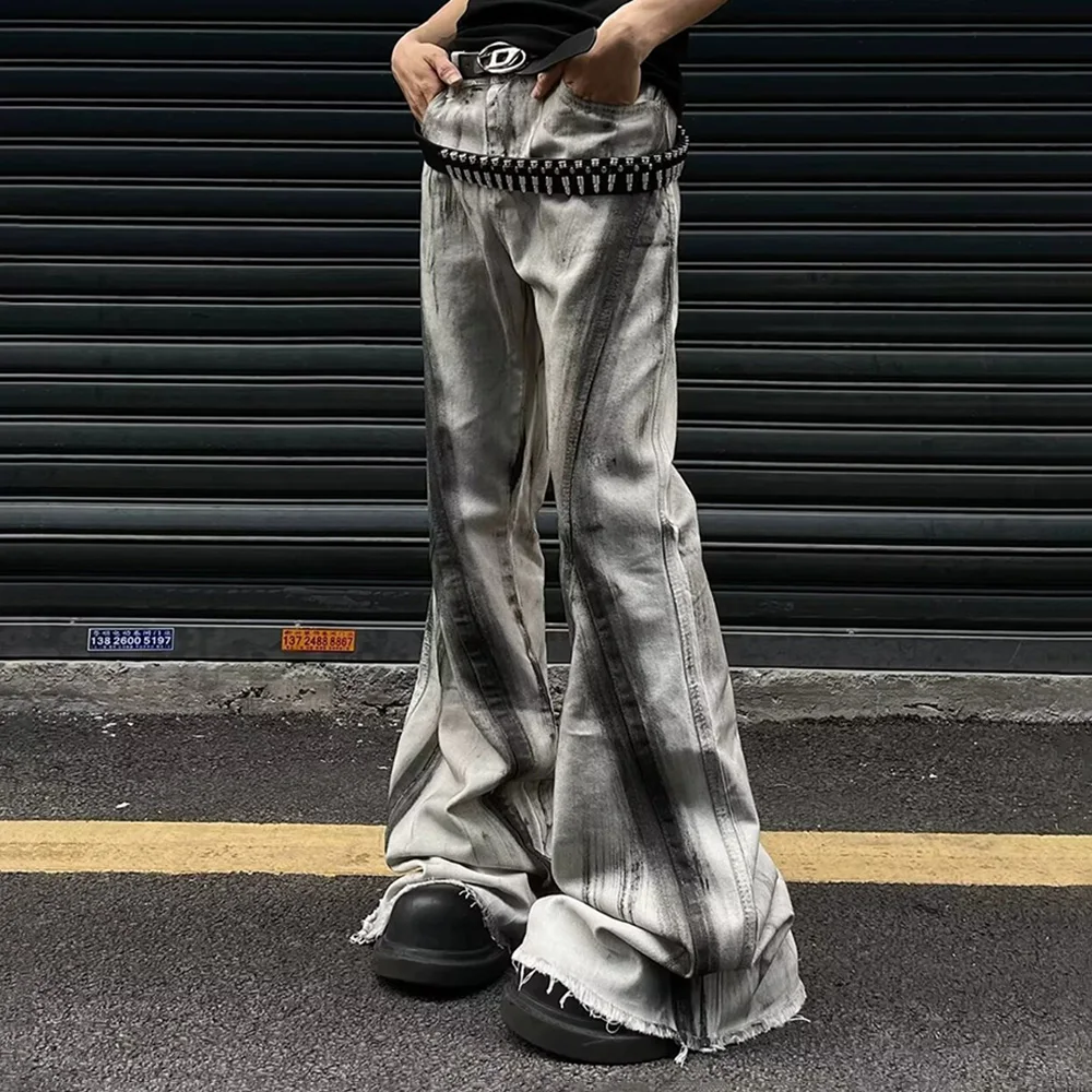 Men's Y2k Harajuku Contrast Color Gradient Flared Denim Trousers Retro Fashion Casual Trend High Street Hip Hop Men's Bottoms
