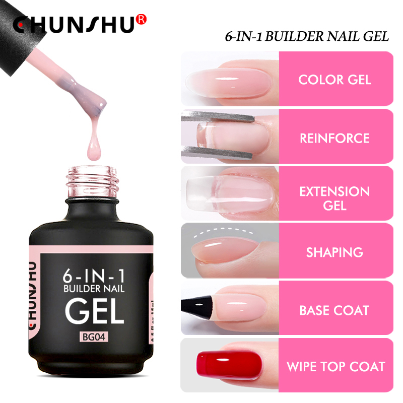 CHUNSHU 6 IN 1 Extension UV Gel ในขวด Builder เล็บเจลยาง Base Coat กึ่งถาวรเล็บ Art Self-leveling 15ML