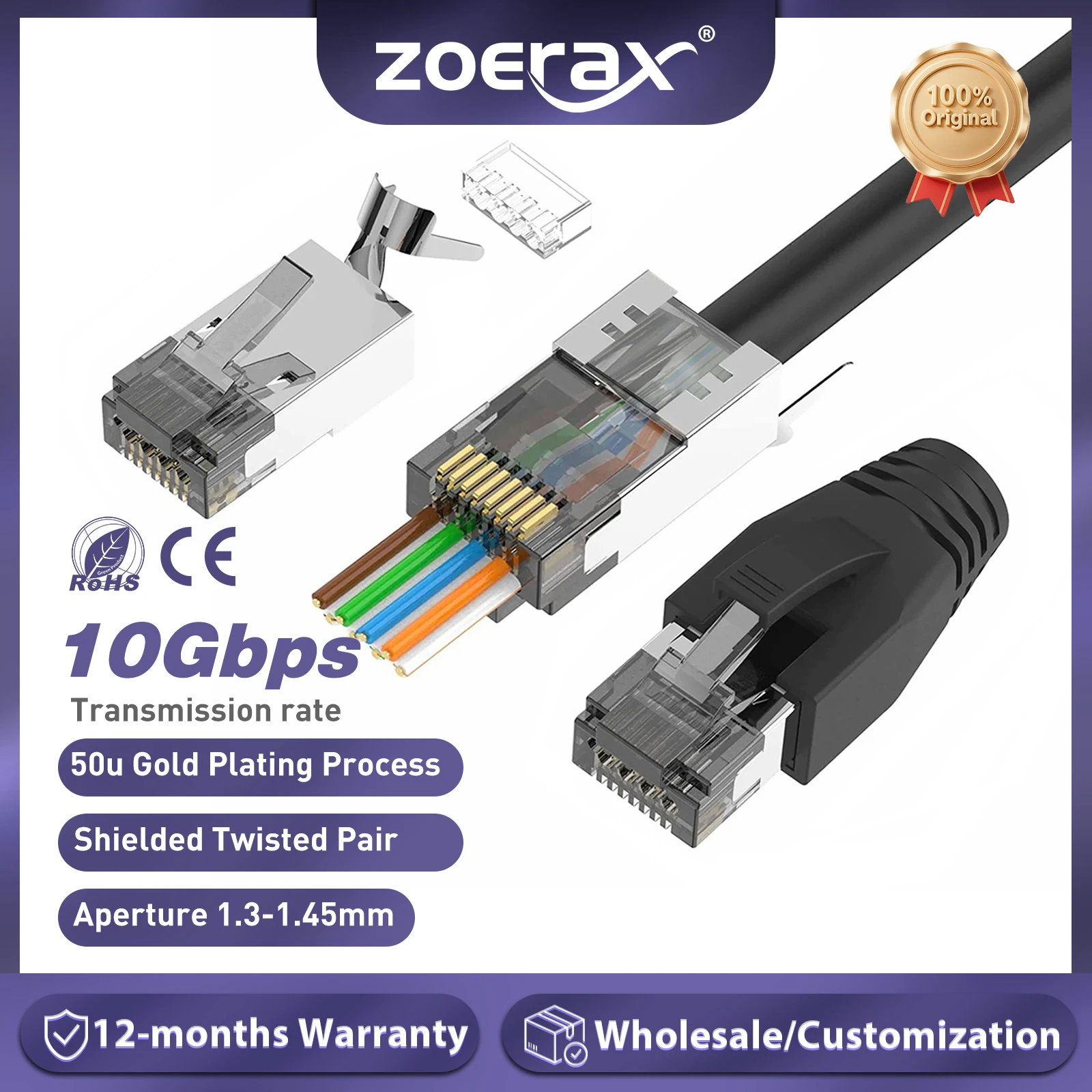 ZoeRax CAT6A CAT7 Connector, RJ45 Connectors Pass Through CAT6A CAT7 Shielded, 3-Prong with Strain Relief Boots Black