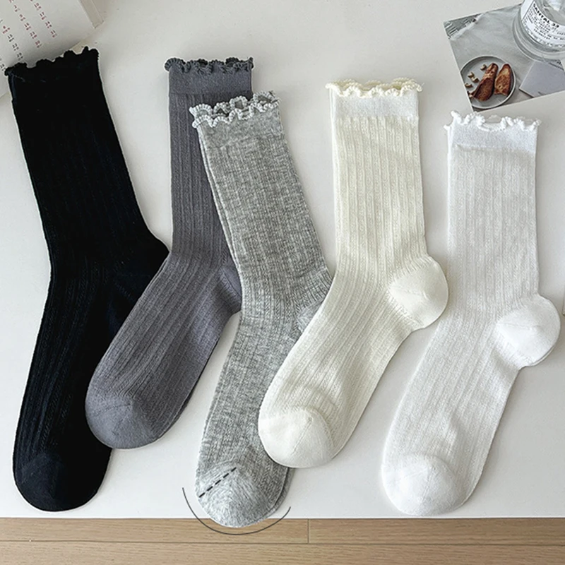 5 pares de calcetines de tubo medio de malla de Color sólido para mujer, calcetines informales ligeros transpirables de moda con borde ondulado estilo Ballet