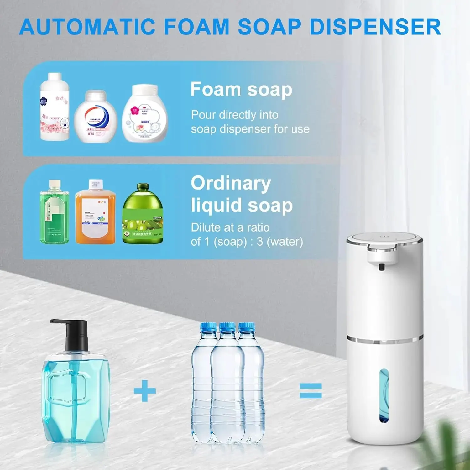Dispensador automático de jabón, dispensador de jabón espumoso sin contacto, 380ml, recargable por USB, eléctrico, dispensador de jabón de espuma ajustable de 4 niveles