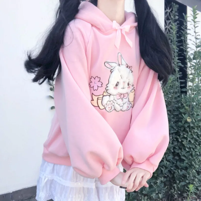Осень 2022, женские милые толстовки с кружевным вырезом, Harajuku Kawaii, толстовка в стиле Лолиты для девочек, розовый пуловер с вышивкой ягненка и конфет, Sudadera