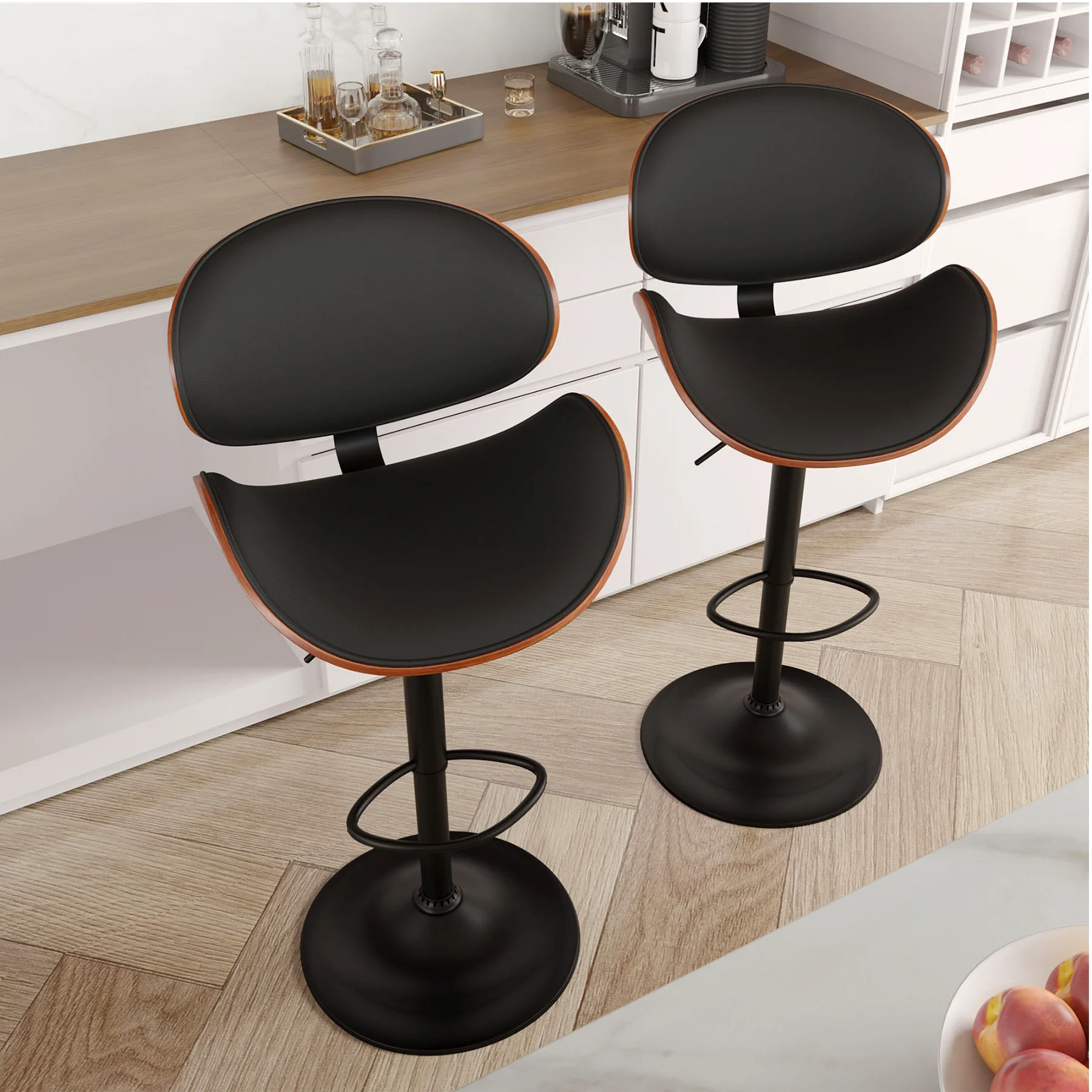2 Pcs Bar Chair, 360 Degrees Swivel °   Rotatable Bar Stool with Backrest and Footrest, Pu Leather Upholstered, Suitable for Bar, Kitchen, Dining