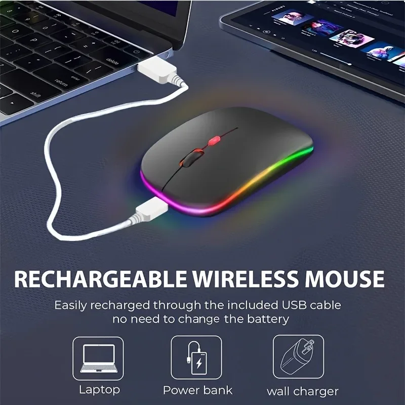 Ratón inalámbrico Compatible con Bluetooth, 2,4 GHz, modos duales, recargable, RGB, ergonómico, silencioso, clic para PC, iPad, portátil, Huaiwei