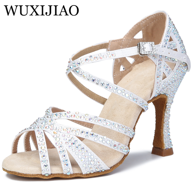 Lateinische Tanzschuhe für Damen, neue Seidensatin, glänzende Strasssteine, kubanische High Heels, 9 cm, Salsa-Tanzschuhe