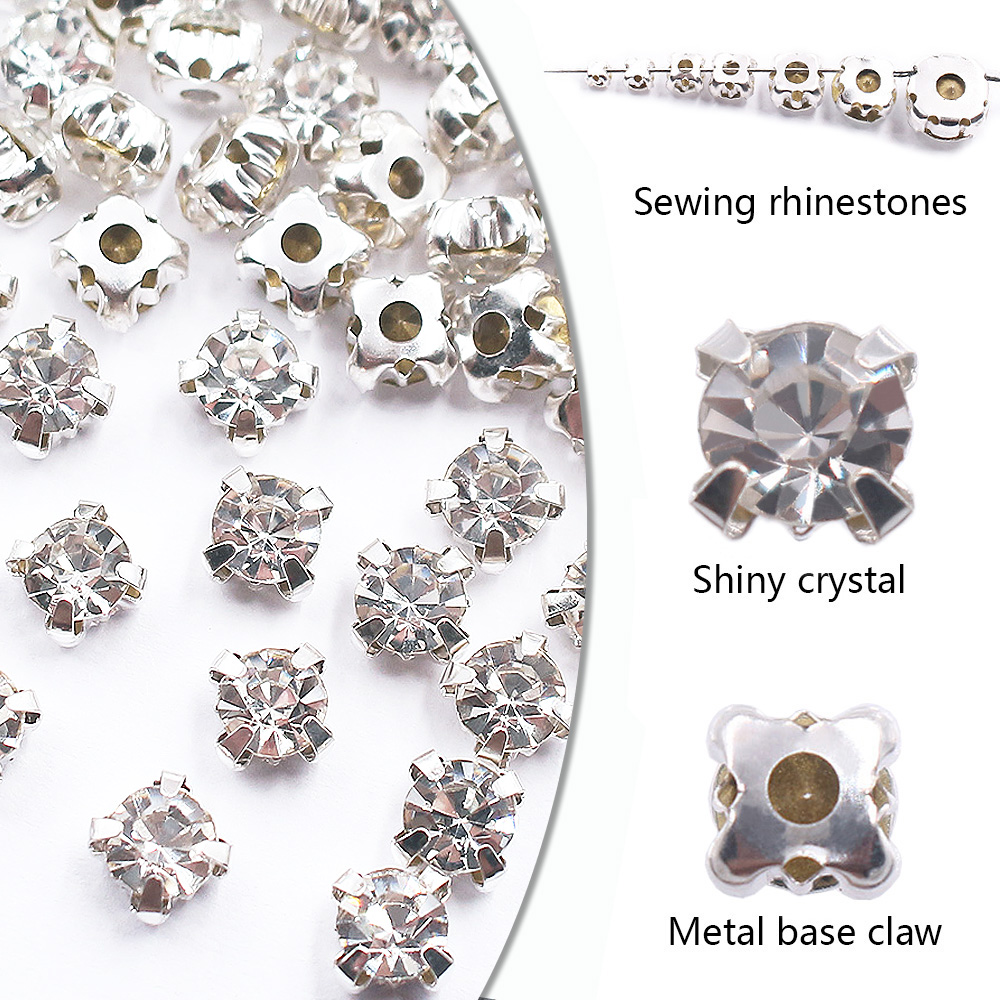 3Mm-8Mm Móng Vuốt Cốc Tinh Thể Strass Flatback Hình Tròn Không Hotfix Bạc Đế May Trên Ren Cho quần Áo DIY Bộ Kim Chỉ Đá Quý