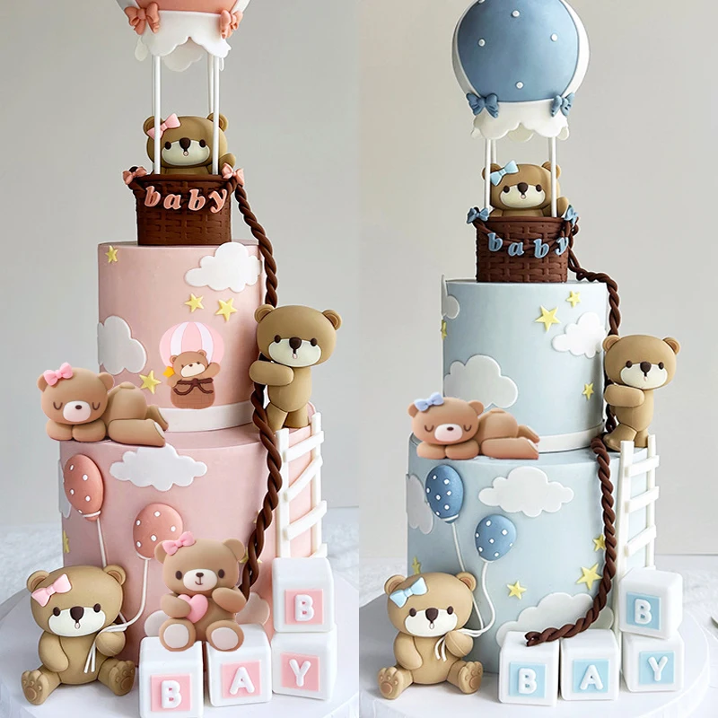 핑크 블루 베어 케이크 토퍼 곰 인형 장식품 삽입 생일 케이크 장식 아기 소년 소녀 1 생일 파티 성별 공개
