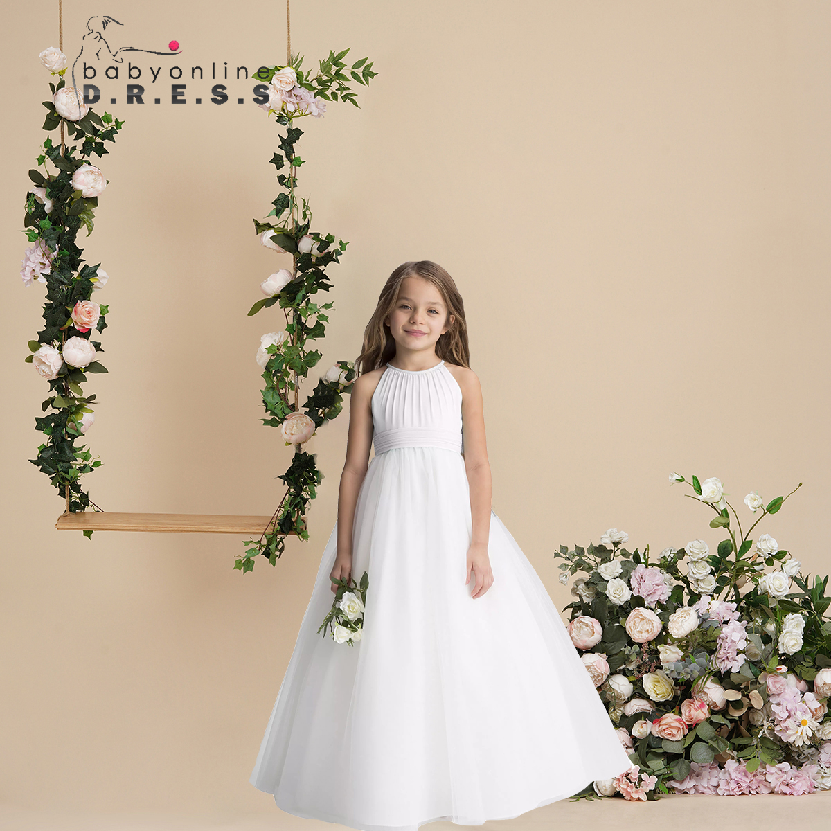 2024 Fee Bloemenmeisjesjurk Eenvoudig Ivoor Chiffon en Netting Halter Baljurk Junior Bruidsmeisje Bruiloftsgast Feest