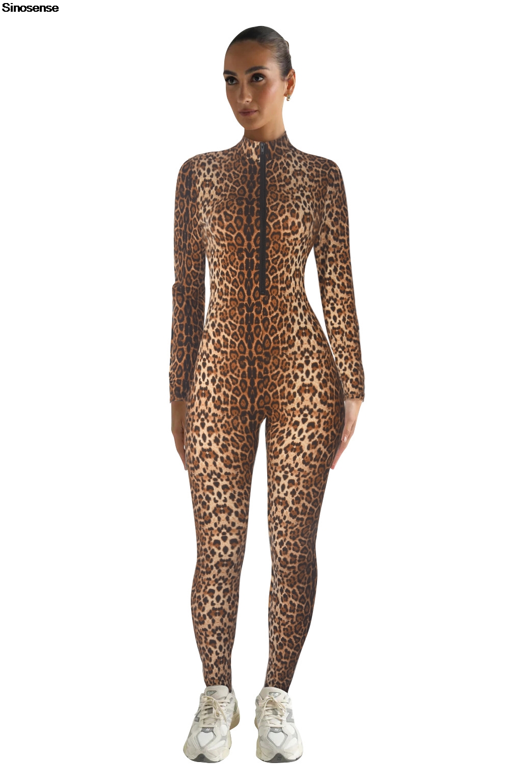 ผู้หญิงเสือดาวพิมพ์ One Piece ออกกําลังกาย Jumpsuits คอยาวแขนยาว Zip Up Zip Up Romper SEXY Night Out Club PARTY ชุด