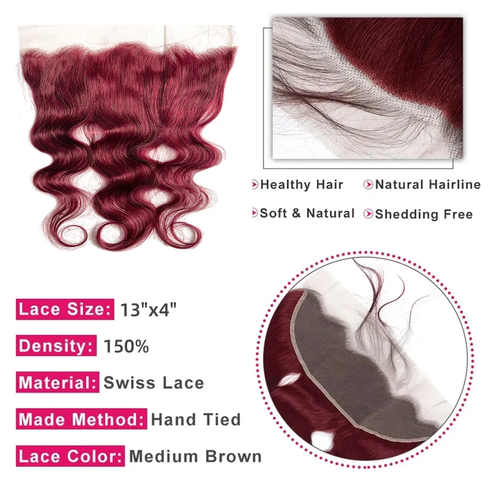 Borgonha onda do corpo pacotes com frontal 13x4 laço 100% pacotes de extensão do cabelo humano com fechamento colorido 99j cabelo humano tissage
