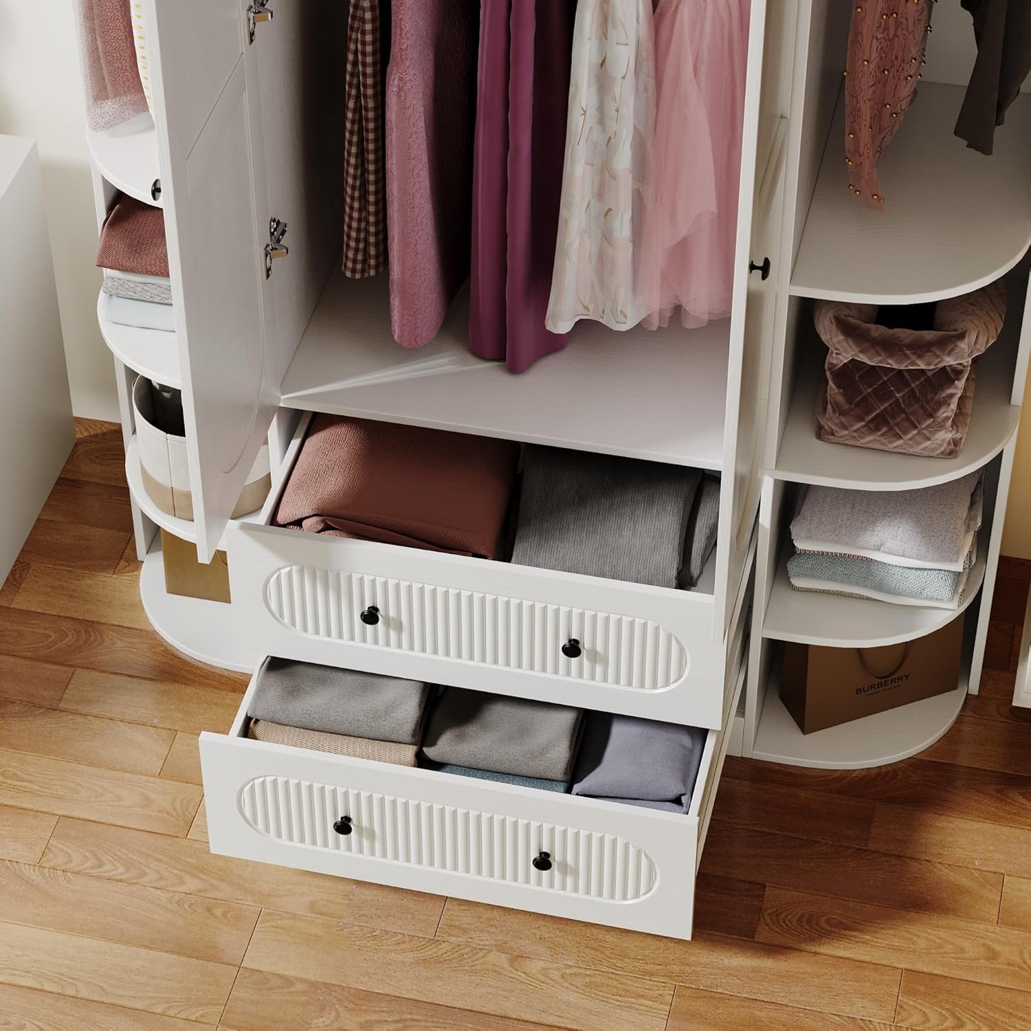 69' Fluted White Wooden Wardrobe with 2 Doors, 3 Rods, 2 Drawers, 6 Shelves Warm home