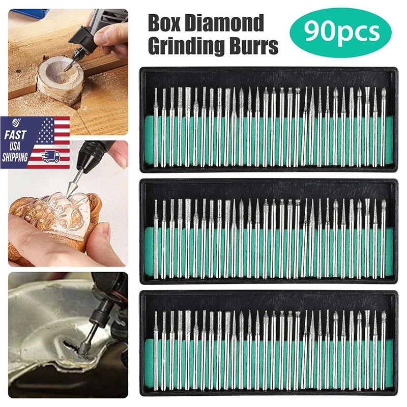 Алмазные сверла для заусенцев, сверло из стекла и металла для Dremel Craftsman, вращающийся инструмент, 1/8 дюйма (3 мм), хвостовик w/коробка, 90 шт.