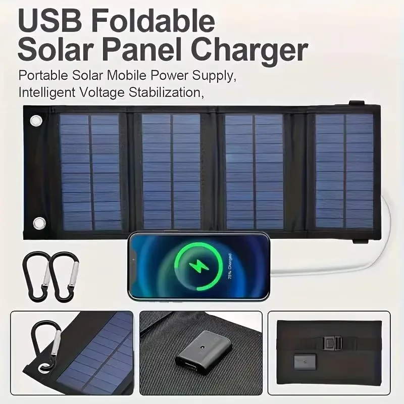 แผงโซลาร์เซลล์พับได้ USB แบบพกพา, แผงโซลาร์เซลล์แบบพับได้สําหรับการเดินทาง, ธนาคารชาร์จโทรศัพท์มือถือ, ไฟฉาย, พัดลม, โทรศัพท์มือถือ Ba