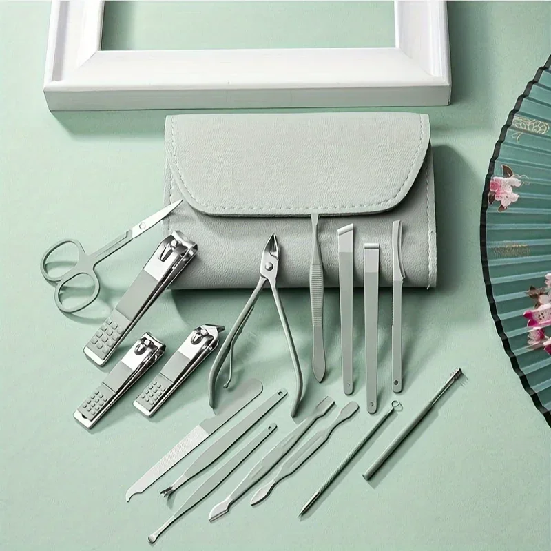 Set di tagliaunghie professionali da 16 pezzi e pinze per cuticole con custodia portatile in pelle Idea regalo, set manicure con funzione completa