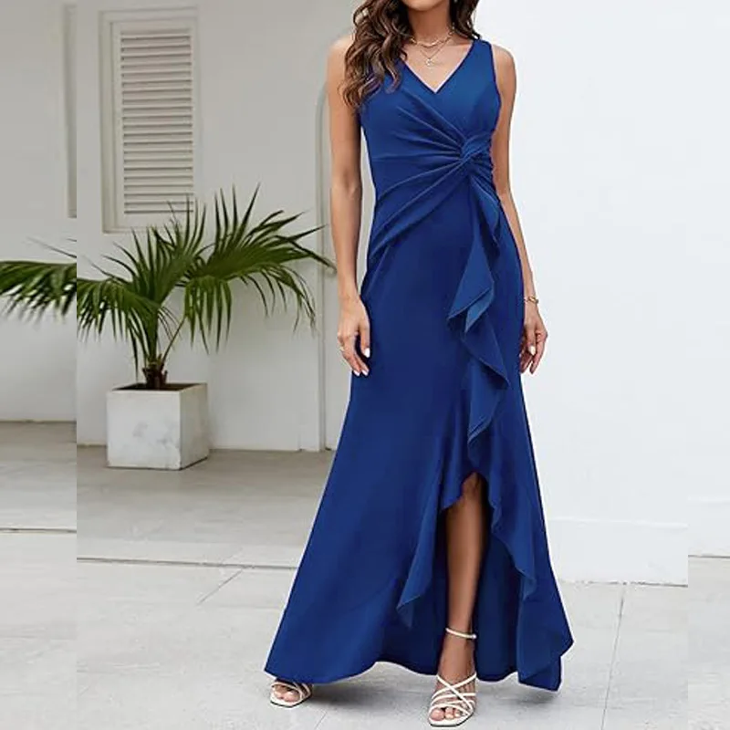 Elegantes Party-Maxikleid mit V-Ausschnitt für Damen, modisch, ärmellos, Rüschen, geteiltes Kleid, Abschlussballkleid, Damen, schmale Passform, figurbetontes Galakleid