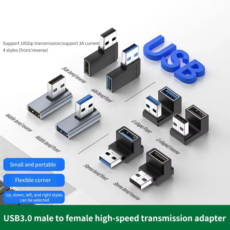 Adaptador de extensión USB 3,0 de ángulo recto 90, codo hacia arriba, conector USB de 10Gbps para PC, convertidor de enchufe de extensión macho a hembra