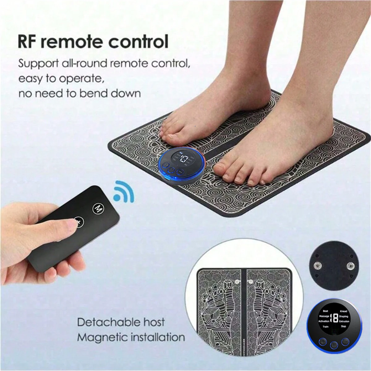 Masażer do stóp EMS, ładowany przez USB, refleksologia, masaż punktów akupresurowych stóp, stymulacja mięśni, poprawa krążenia krwi, łagodzenie bólu.