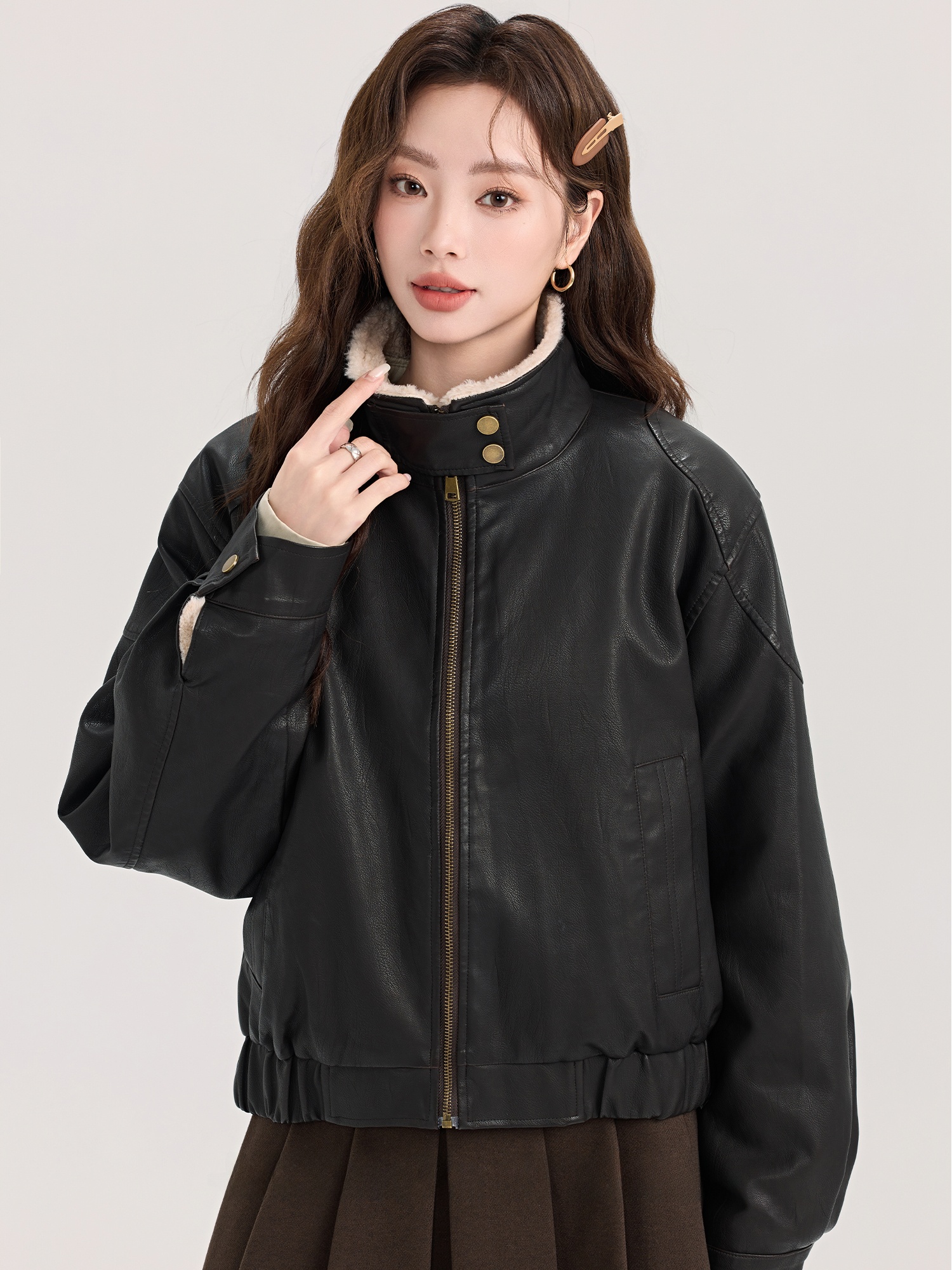 American Sle Short Leather Jacket Women's Biker Clothes Fur And Leather Integrated Autumn Winter High Sensation Miniature M...