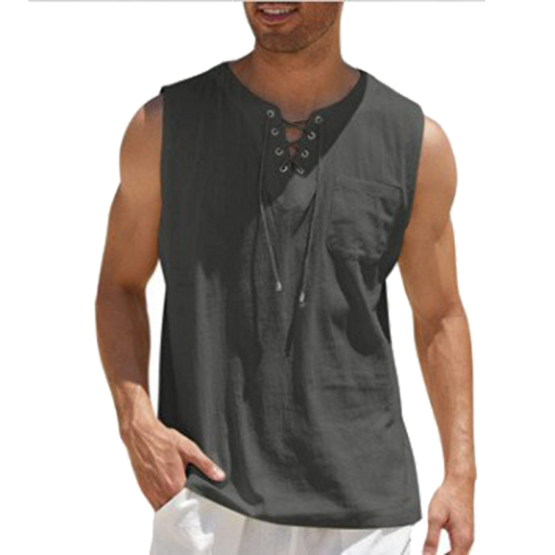 Camisas casuales sin mangas para hombre, chaleco de vendaje con cordones, blusa Retro con cuello en V, camisa suelta de moda, ropa de Color sólido para hombre