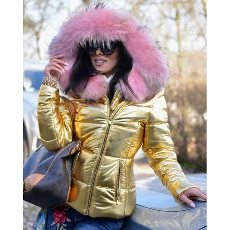 Abrigo de nieve grueso acolchado cálido de invierno para mujer, chaqueta corta acolchada de algodón a la moda con cuello de piel y capucha de Color sólido, impermeable