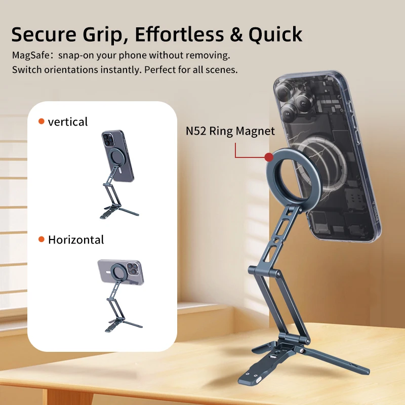 XILETU Magsafe Magnetic Phone Tripod Stand with Hook Foldable Desktop Holder for iPhone Smartphones Selfie Video