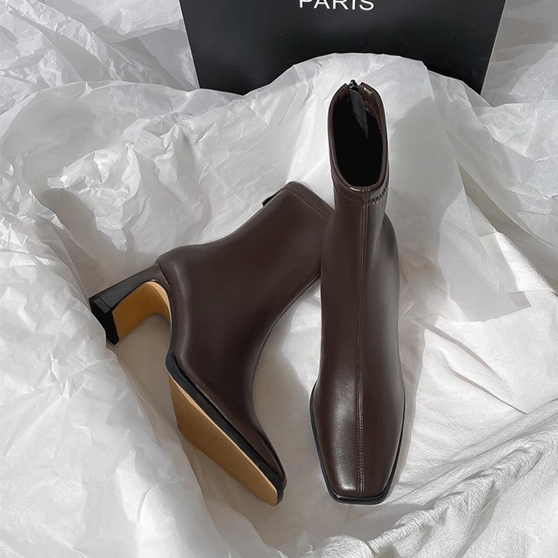 Botines cuadrados de cuero suave para mujer, botas cómodas de tacón alto con cremallera, zapatos de temperamento Simple, moda de otoño