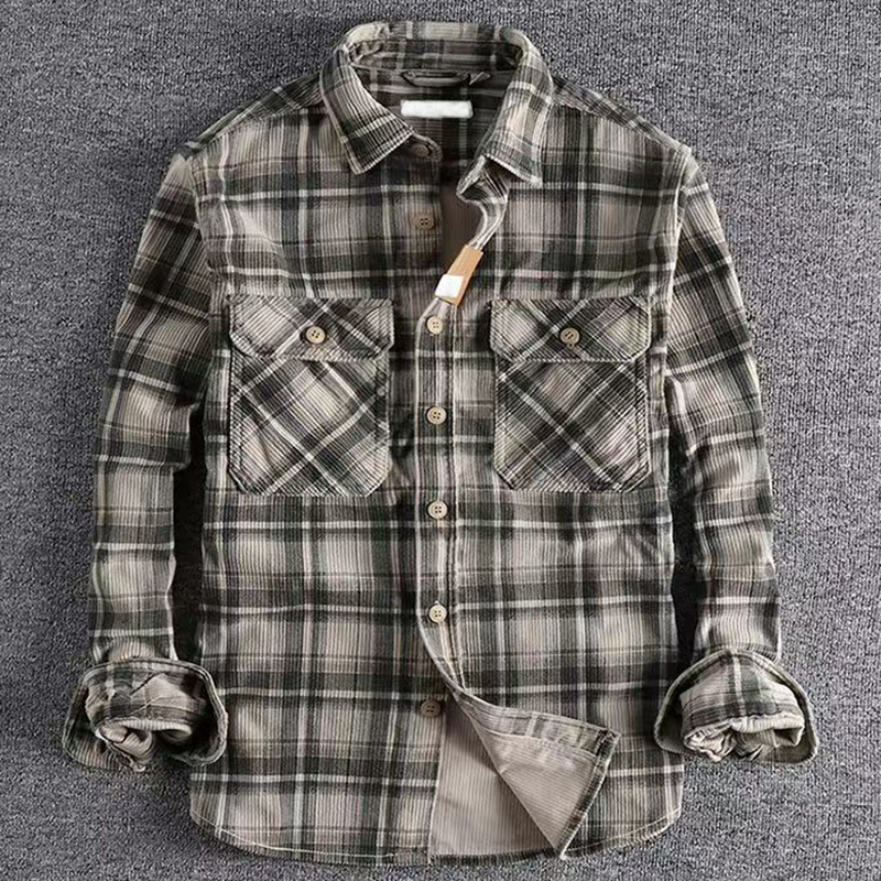 Vintage japanisches Herren-Karo-Langarmhemd, Frühling und Herbst, modisch, bequem, Cord, künstlerisch, trendig, klassische Hemden, Tops